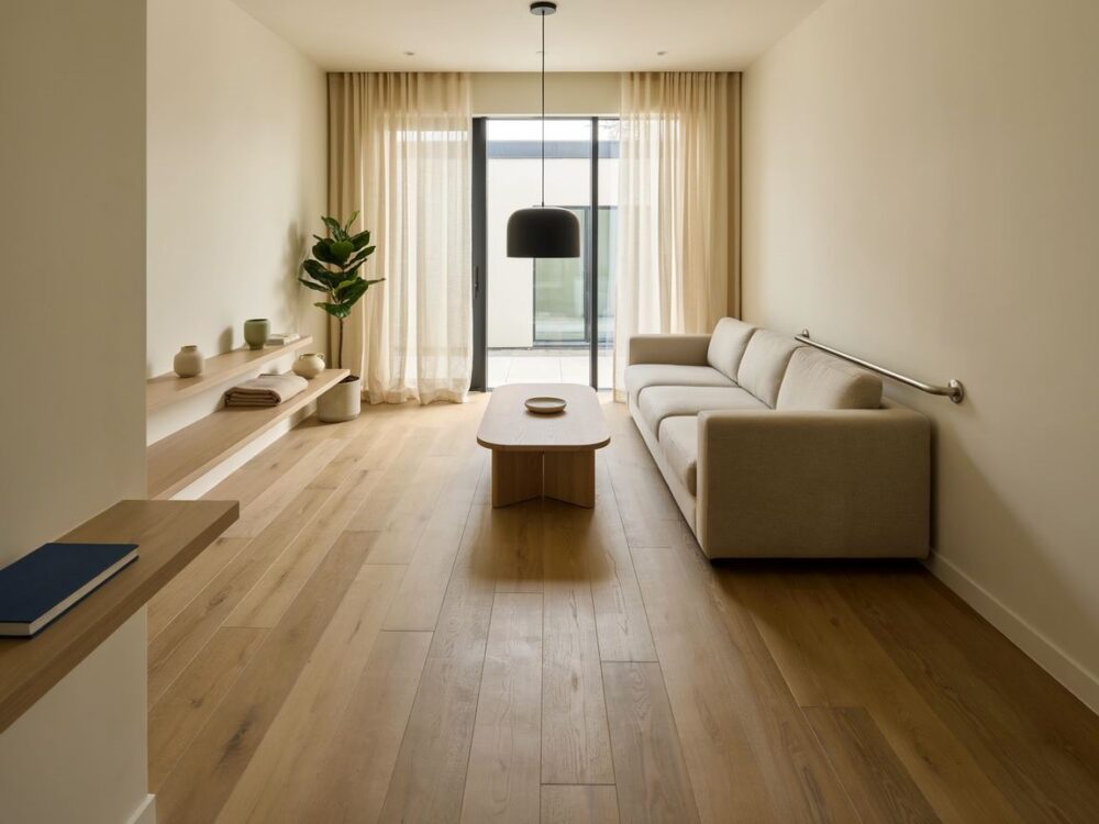 przestronny salon z wygodną sofą